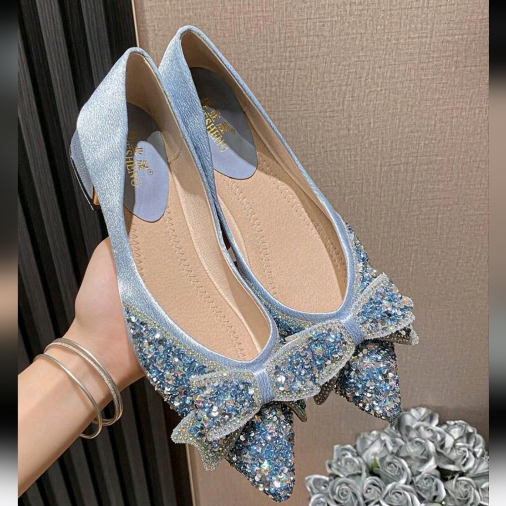 Women Rhinestone & Bow Decor Point Toe Flats, Glamorous Fabric Flats For Party